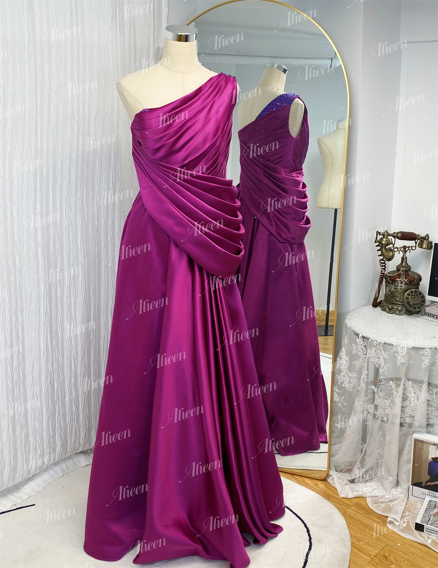 Vestidos cetim roxo Aileen para mulheres, ombro inclinado, vestidos de baile, vestido de noite formal, Liquidação, luxo, 2024, à venda