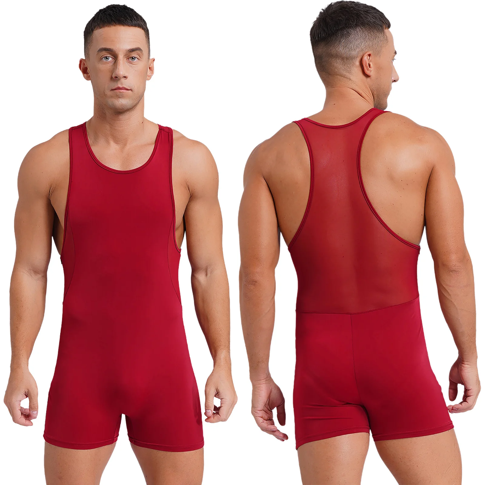 

Men Stretchy Wrestling Singlet Bodysuits Sleeveless Mesh Back Muscle Tank Tops Rompers One Piece Boxer Briefs Jumpsuit Underwear