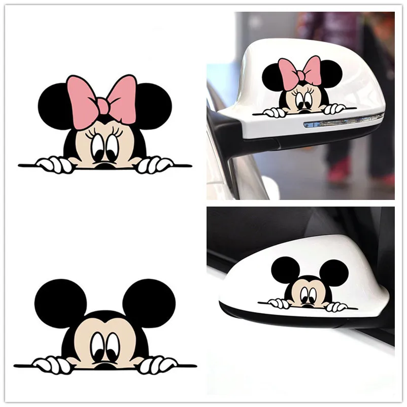 14x7CM Disney Mickey Cartoon Peripheral Car Sticker Cute Anime Figure Creative Car Rearview Mirror Decoration Sticker Accessory