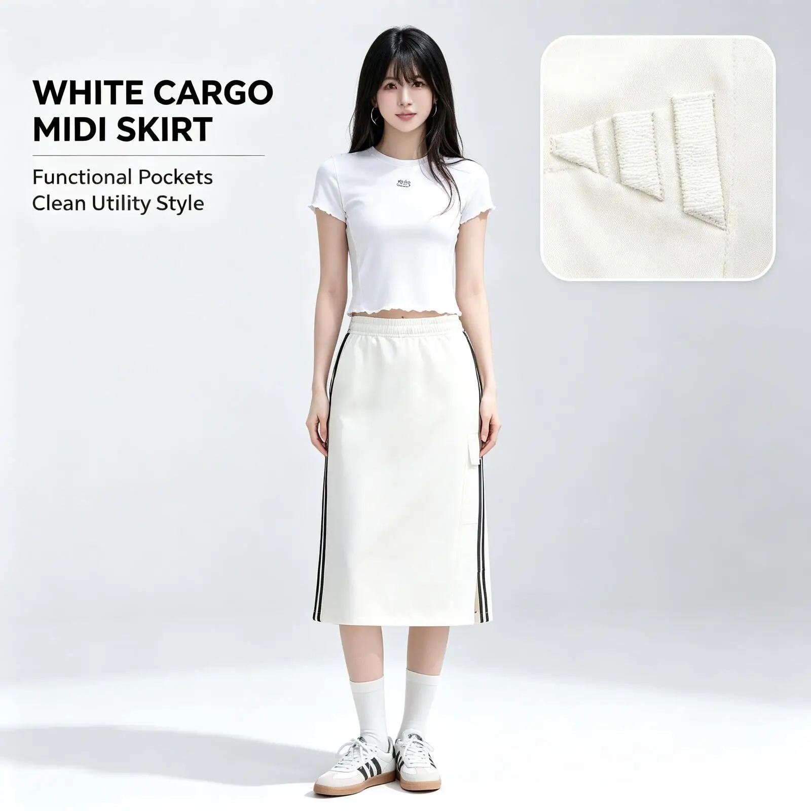 2026 Hot Adidas White High Waist Cargo Midi Skirt Women Straight Long Skirt with Pockets Side Slit Streetwear KS5349