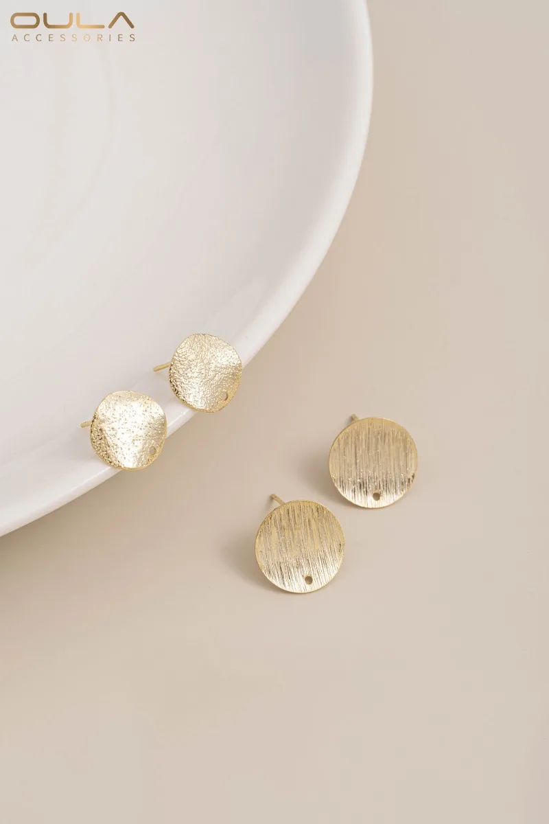 

Diy Handcrafted Ear Stud Accessories with 14K Light Gold Concave-convex Round Pieces, Hanging Holes and Matte Brushed Finish