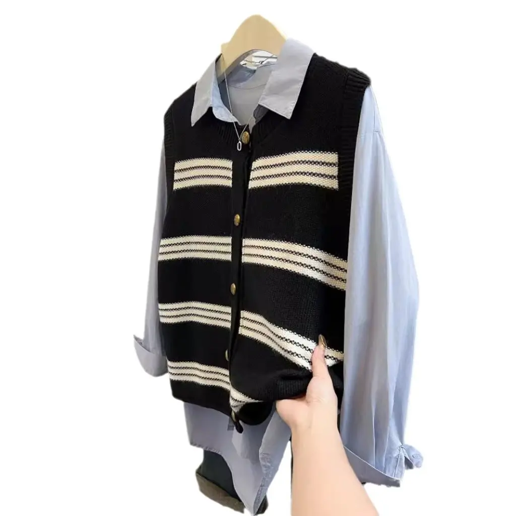 

Women's Black Stripes Knitted Vest Loose Sweater Vest with Layered Shirt for Spring & Fall New Style