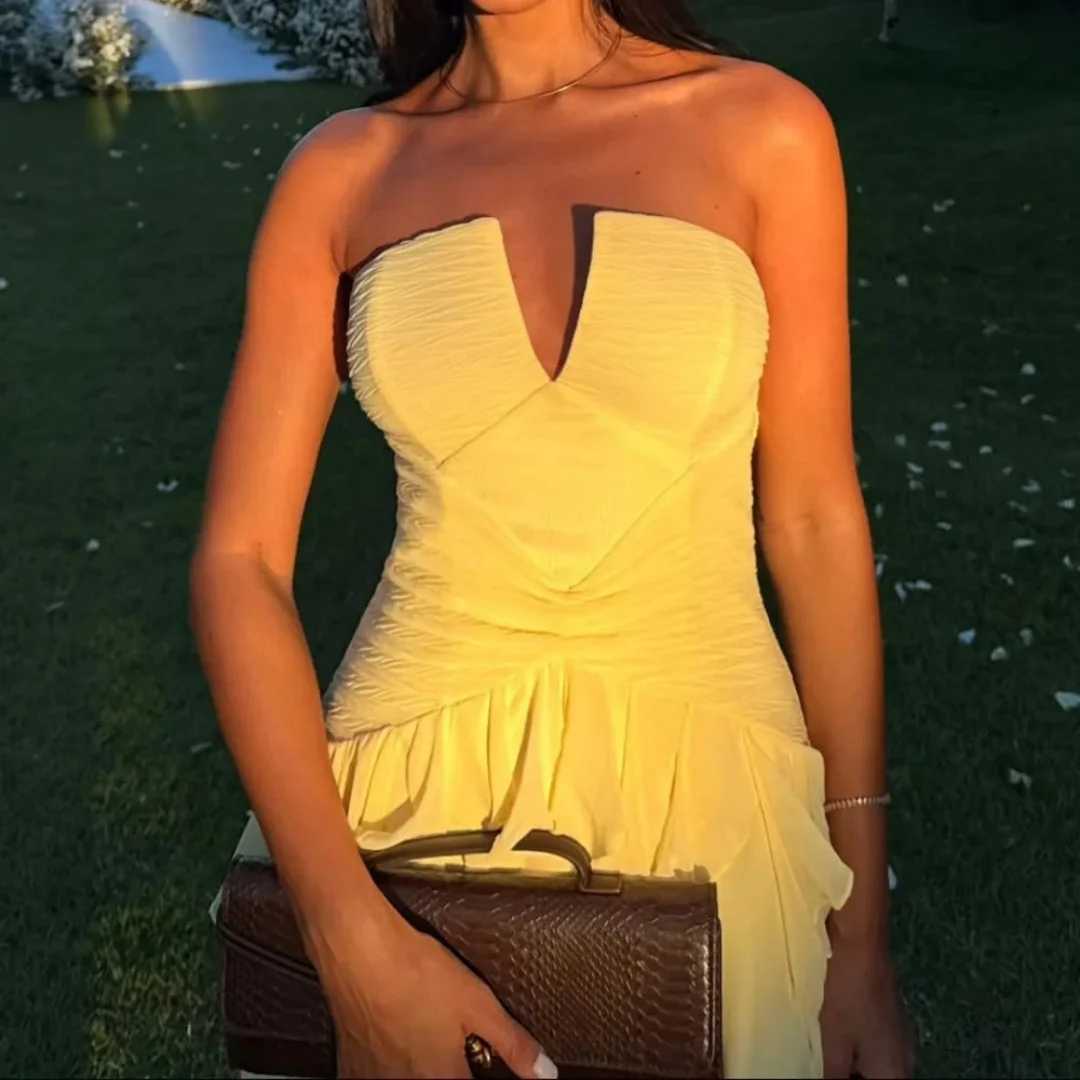 Strapless Deep V Chiffon Maxi Dress Women Ruched Waist Tiered Ruffle Long Formal Evening Gown Beach Wedding Guest Prom Dress image 2