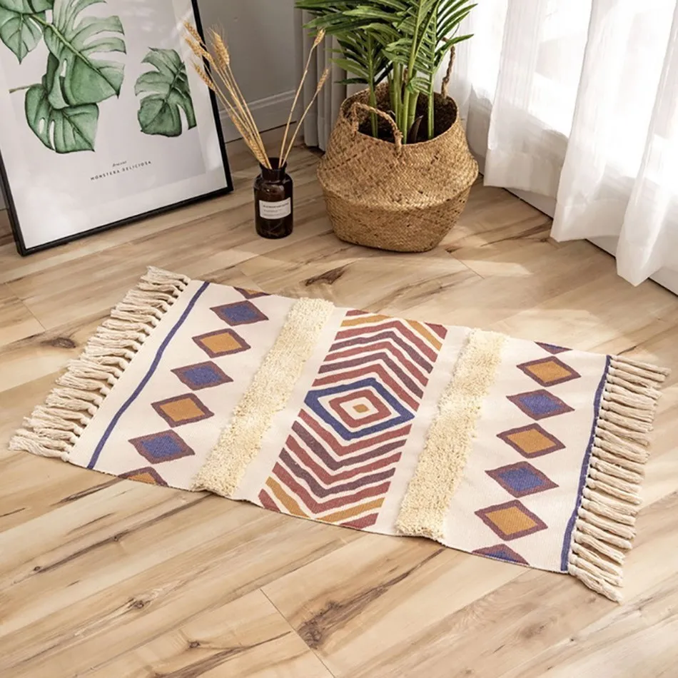 

New Bedroom Carpet Cotton Linen Hand Knotted Carpets for Living Bohemian Carpet Room Mat Bedside Home Decoration Garden Rug