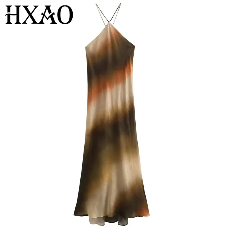 เดรสผูกคอ HXAO ลายมัดย้อม สไตล์วินเทจ สำหรับผู้หญิง เดรสเปิดไหล่ยาวปานกลาง ชุดเดรสยาวเปิดหลังสำหรับฤดูร้อน ชุดเดรสไปเที่ยวทะเล