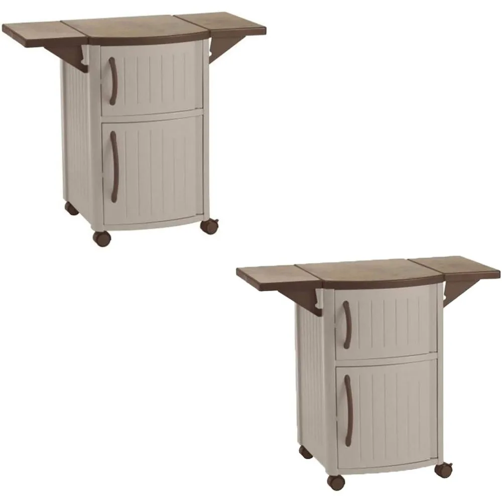 

2 pack outdoor patio grill prep station cart with 2 storage cabinets, light taupe/mocha