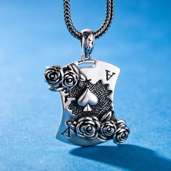 s925 sterling silver ornament vintage Thai silver personality fashion creative roses poker pendant tag