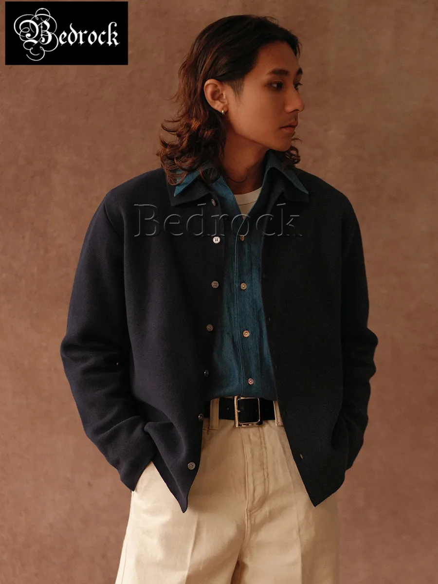 MBBCAR 14-Gauge Combed Cotton Polo Collar Cardigan Men Royal Blue Knit Sweater Vintage American Casual Long Sleeve Outerwear