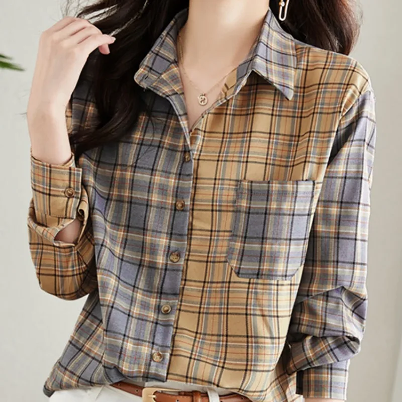 Spring Autumn Women\'s Turn-down Collar Plaid Striped Solid Pocket Button Cardigan Long Sleeve Shirt Coats Fashion Casual Tops