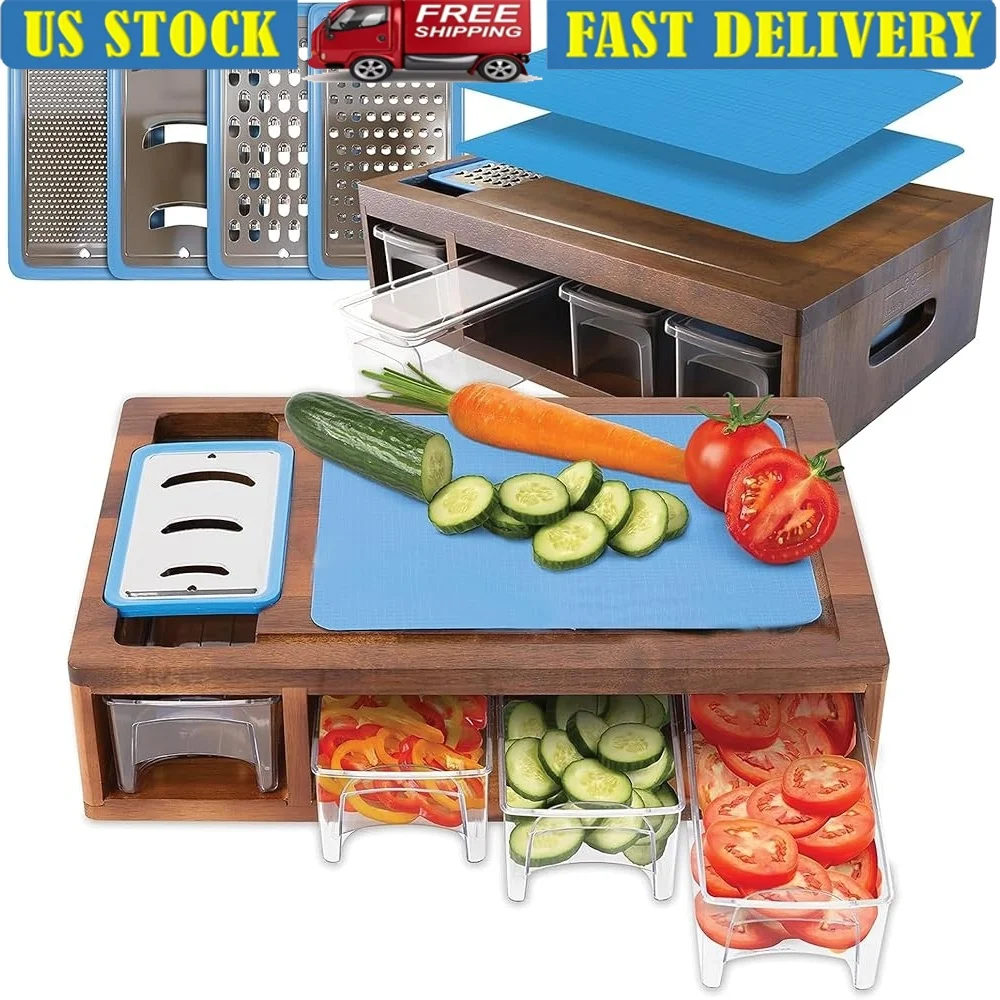 

Acacia Cutting Board Meal Prep System with 4 Graters Storage Containers Juice Grooves 2 Chopping Mats Non Slip Design