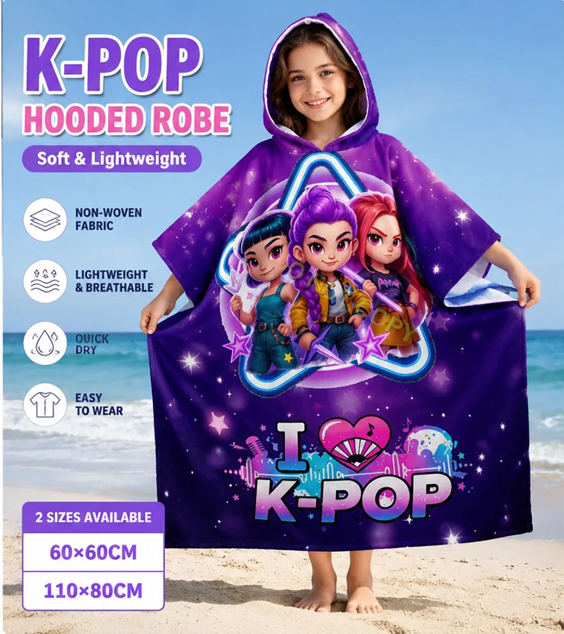 K-K-POP Kids Hooded Beach Towel, Purple Starry Girls Bath Robe Poncho