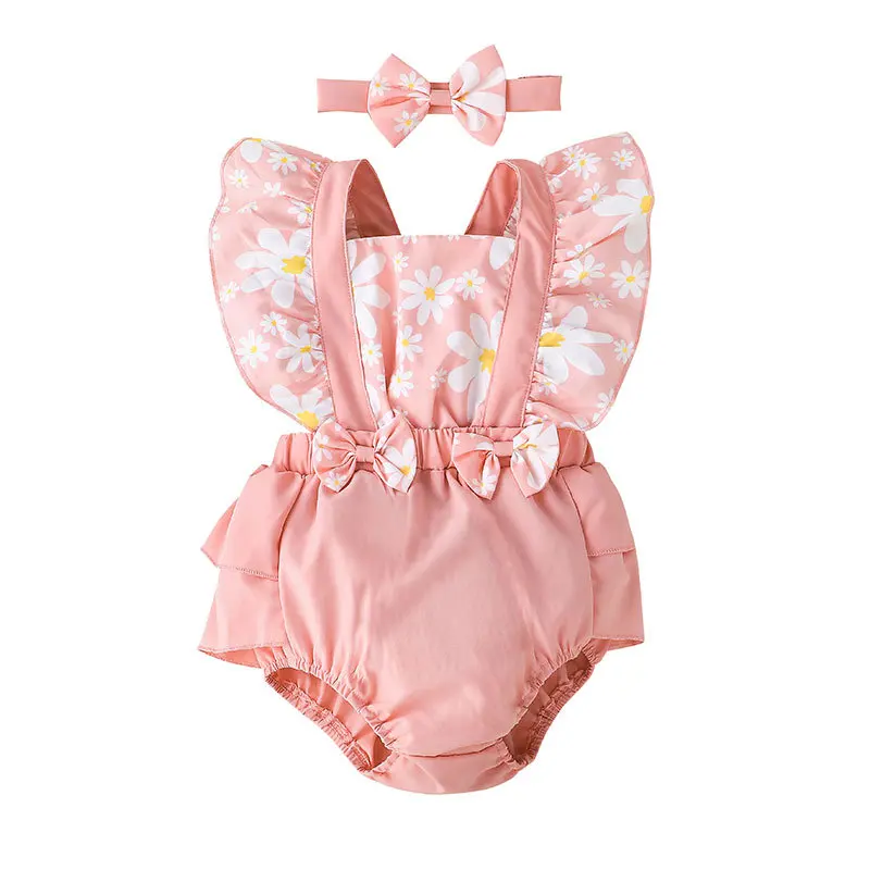 Laura Kors neue Sommer Kleinkind Neugeborenen Jungen Stram pler ärmellosen Druck Gänseblümchen Bogen rosa Baby Stram pler Kleidung Outfits 0-2t