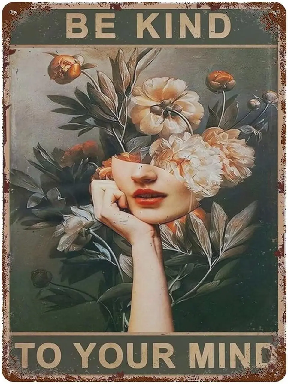Vintage Tin Metal Sign Be Kind to Your Mind Poster, Floral Plant Poster Vintage Wall Art Decorative Iron Painting for Home  sign