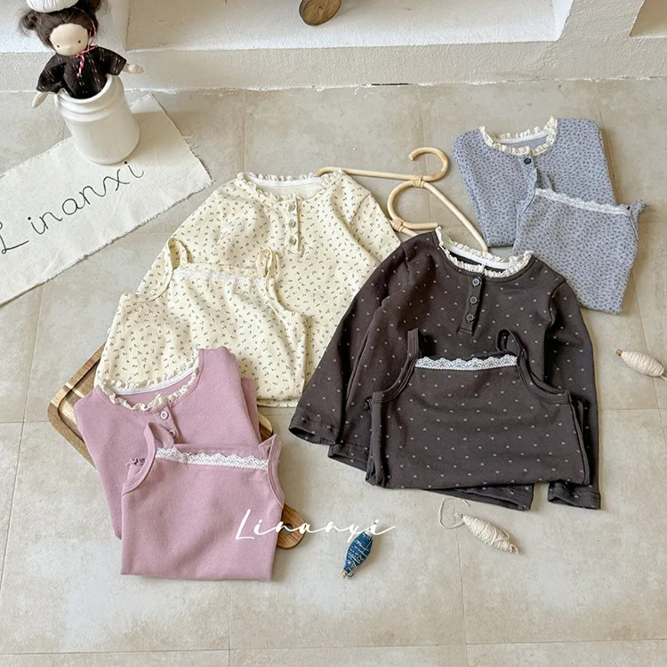 Long-sleeved Pajama Set Autumn Undershirt Camisole Grils Children New Grils Children Loungewear Sweet Cute Fashionable
