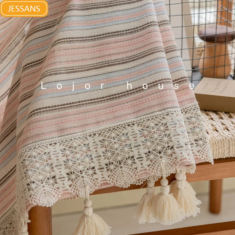 Cotton Pink Horizontal Stripe Girl Lace Curtains for Bedroom Living Room French Window Customized Finished Product