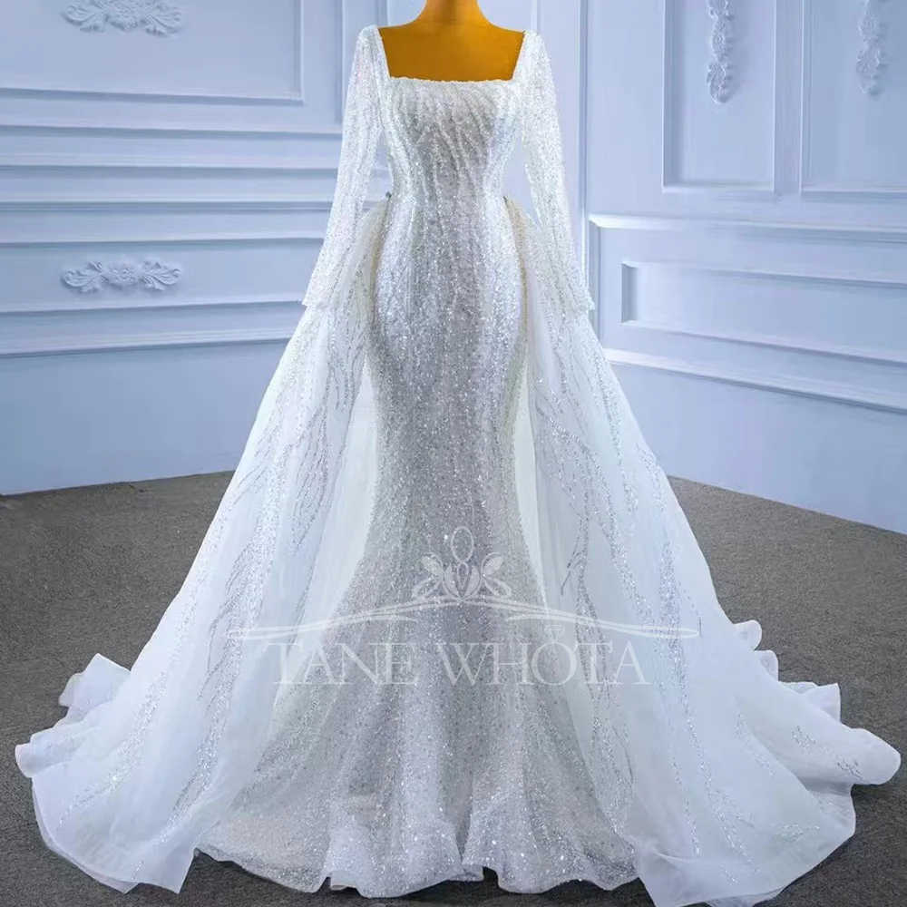 Elegant Luxury Sequined Beading Wedding Dress With Square Collar Long Sleeve Lace-Up Back And Detachable Train Sheath Style