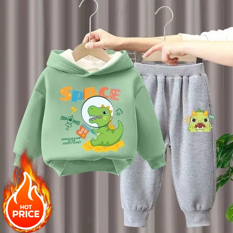 winter Boys Clothes plush warm long sleeve& trousers 2 Pieces Set Teenage Girls & Boys Printed Dinosaur hoodies Fashion Casual T