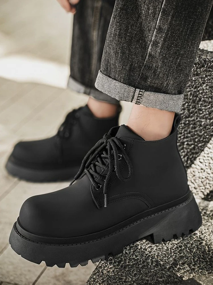 Black Leather Platform Lace Up High Cut Boots for Men Spring Autumn Y2k Original Deals Low Price Hot Selling Vintage Man Shoes