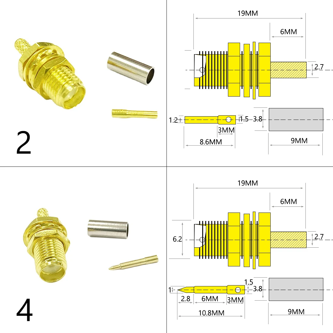 Conector SMA macho hembra, conector coaxial RF RP, engarce para Cable recto chapado en oro, LMR100, RG174, RG316, 1 a 10 unidades, nuevo