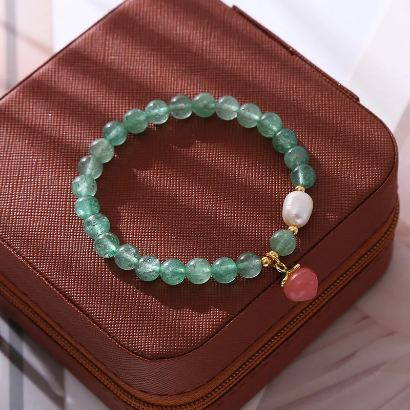 Freshwater Pearl Bracelet Natural Green Strawberry Quartz Stone Peach Charm Dainty Jewelry Gift for Women Girls Best Friend