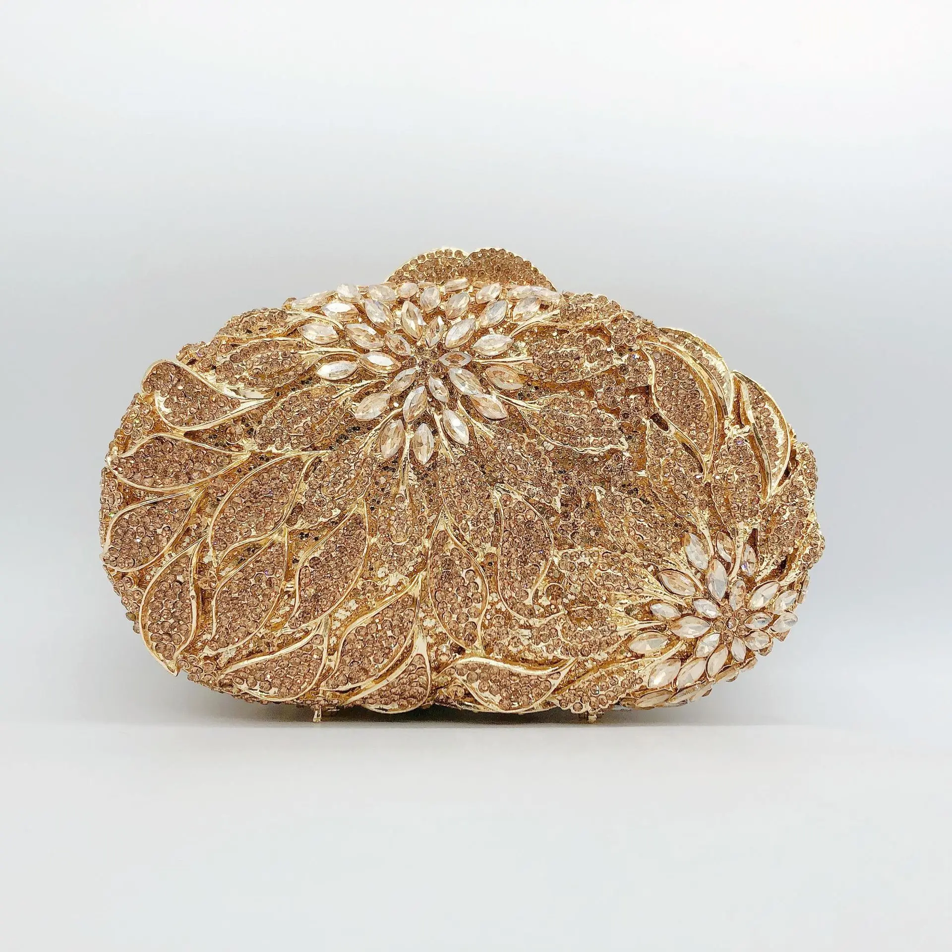 

Gold Metal Leaves White Crystals Evening Clutch Bags Luxury Women Wedding Party Purse Ball Handbags Rhinestone Mini heart bag