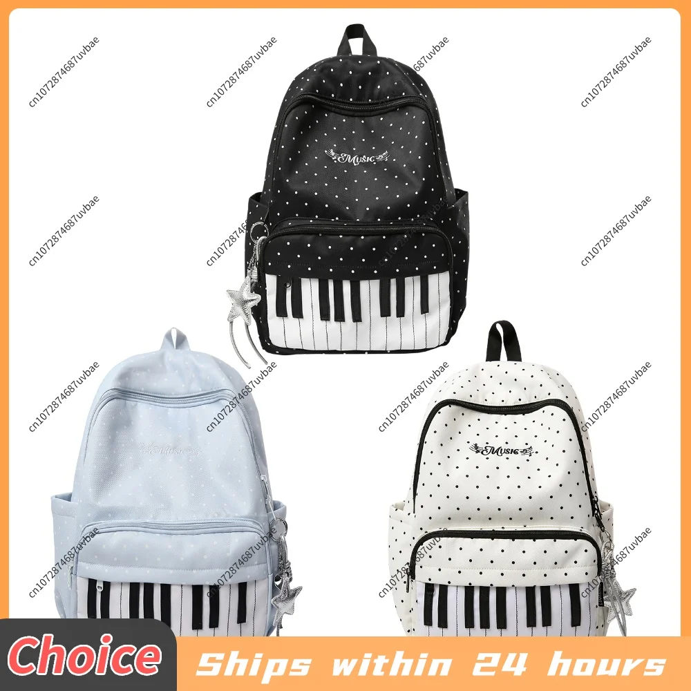 Nylon Casual Laptop Bag 16.9 Inch Polka Dot Piano Key Bookbag with Pendant for Teen Girls Travel Shopping Daily Use