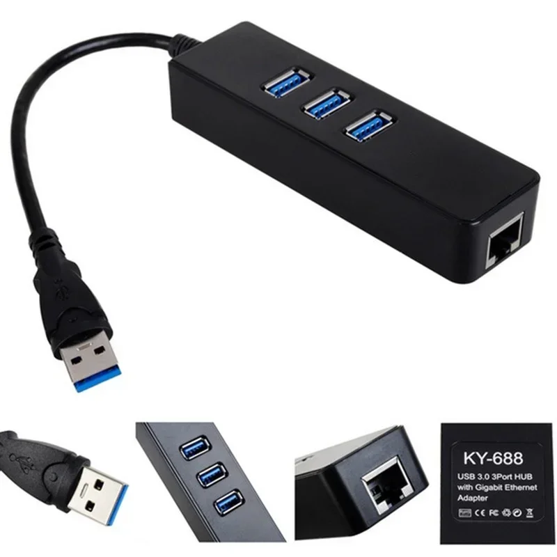USB 3.0 Ethernet Adapter with 3 Ports USB 3.0 HUB USB Rj45 Gigabit Ethernet Lan 10/100/1000 Mbps Network Card for Macbook Laptop