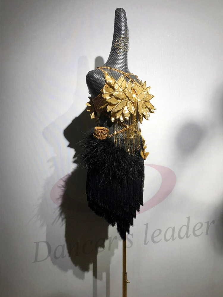 

Платье для латинских танцев для взрослых и детей AB Stone, высококачественный костюм на подтяжках с золотым листом и цветком, женская одежда для ча-ча-танго