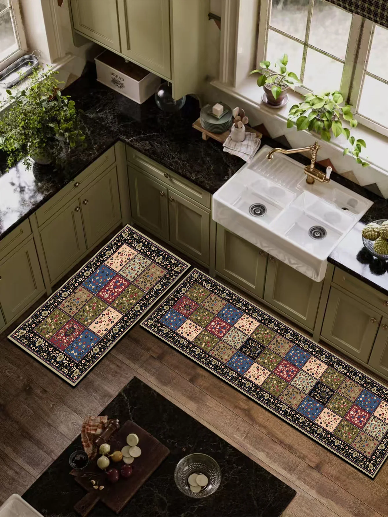 Vintage Persian Floral Grid Kitchen & Bathroom Rugs, Slip-Resistant, Absorbent, Easy Clean.