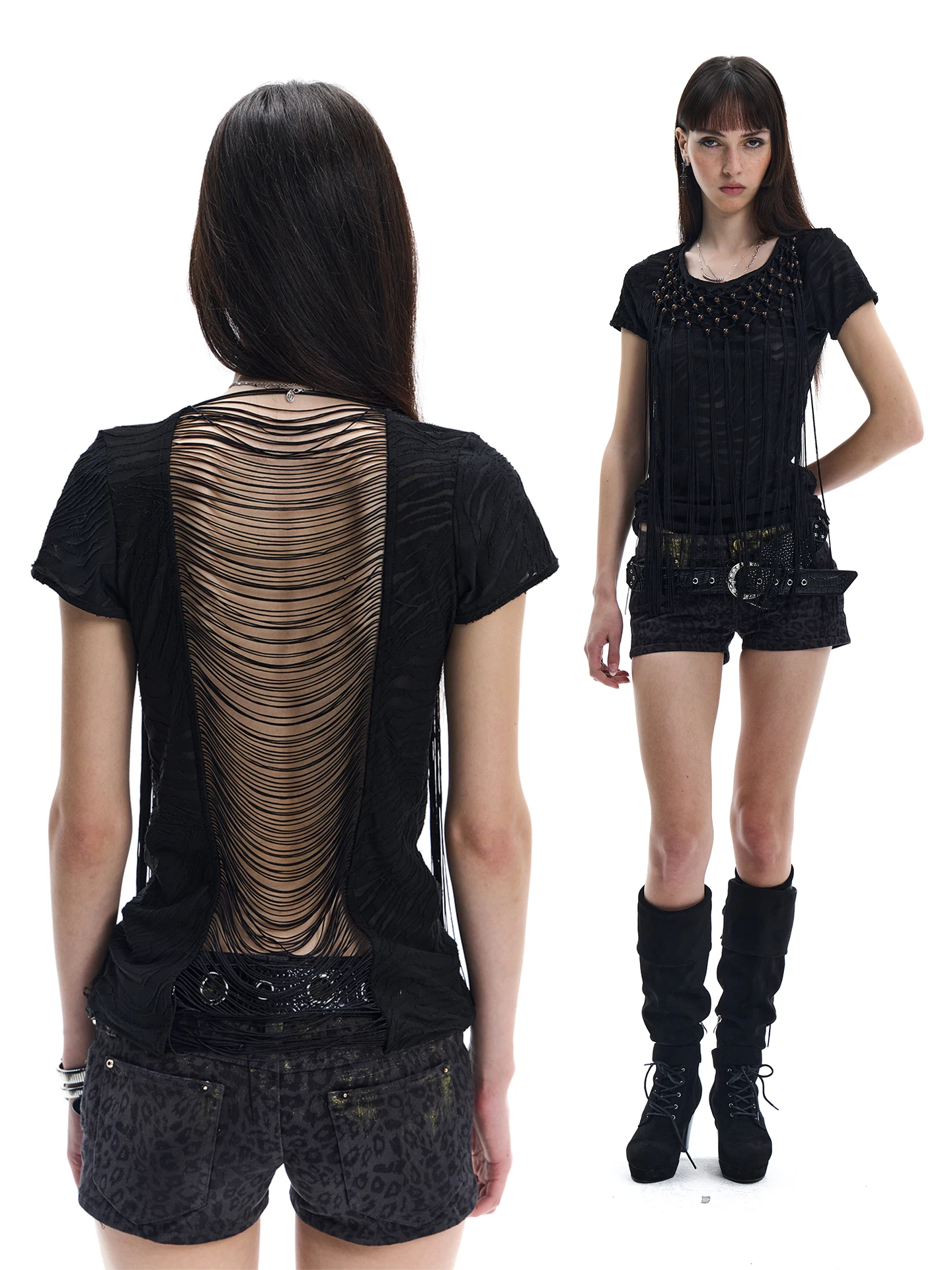 Punk Style T-Shirt Hollow out Waist-Cinching Beaded Sexy Girl Top for City Walk Party Travel Stage Home Use Summer Short Slee...