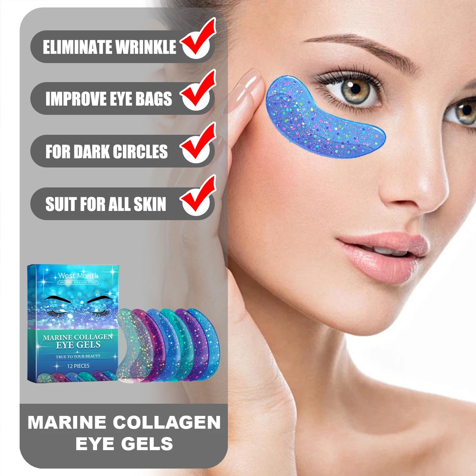 WEST MONTH 12 Stück Marine-Kollagen-Augengele beseitigt Falten und feine Linien, verbessert Tränensäcke und Augenringe, stellt die Hautglätte wieder her