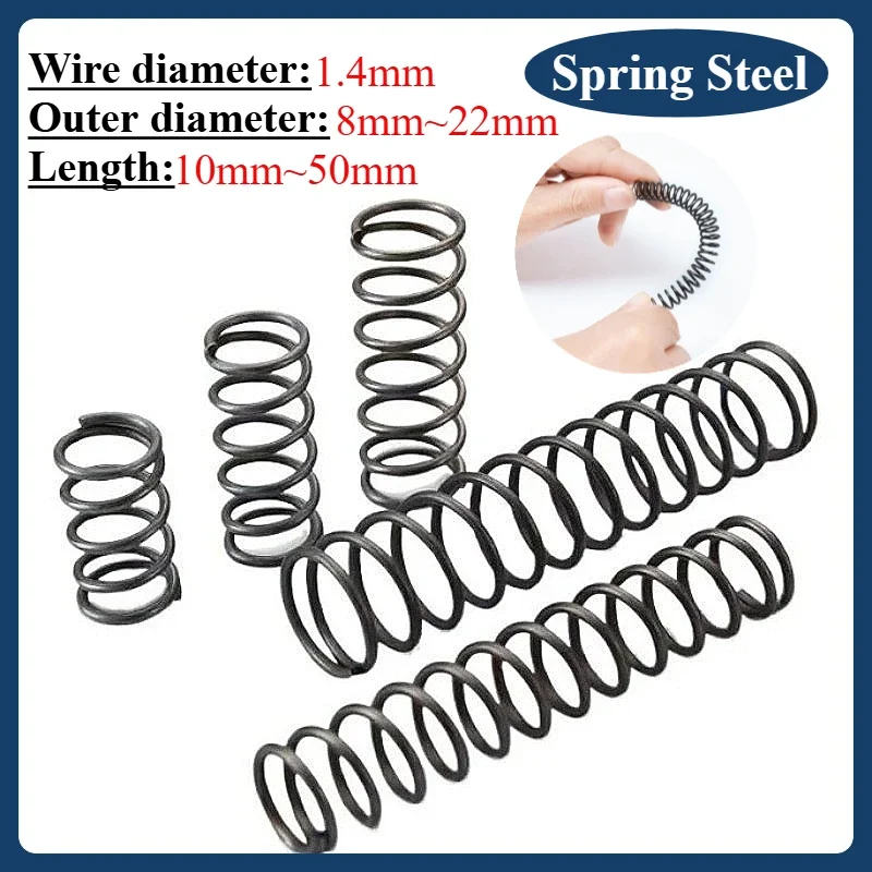 10pcs Compression Spring - Steel Mechanical Cylindrical Spiral Coil Rotor Return Force, Diameter 1.4mm, OD 8mm~22mm,L 10mm~50mm