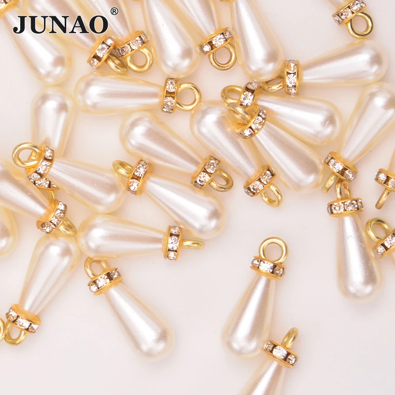 JUNAO 20pcs 8*15mm White Pearl Beads Pendant Sew On Rhinestone Teardrop Pearl Appliques Scrapbooking Beads For DIY Decoration