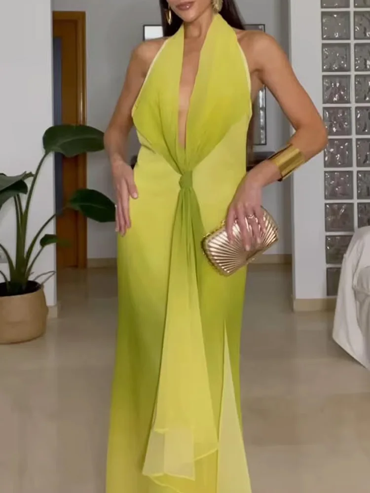 HH Vrouwen Zomer Terug Rits Geleidelijke Knoop Decoratie Backless Lange Jurk Vrouwelijke Sexy Opknoping Hals Kraag Mouwloze Jurk