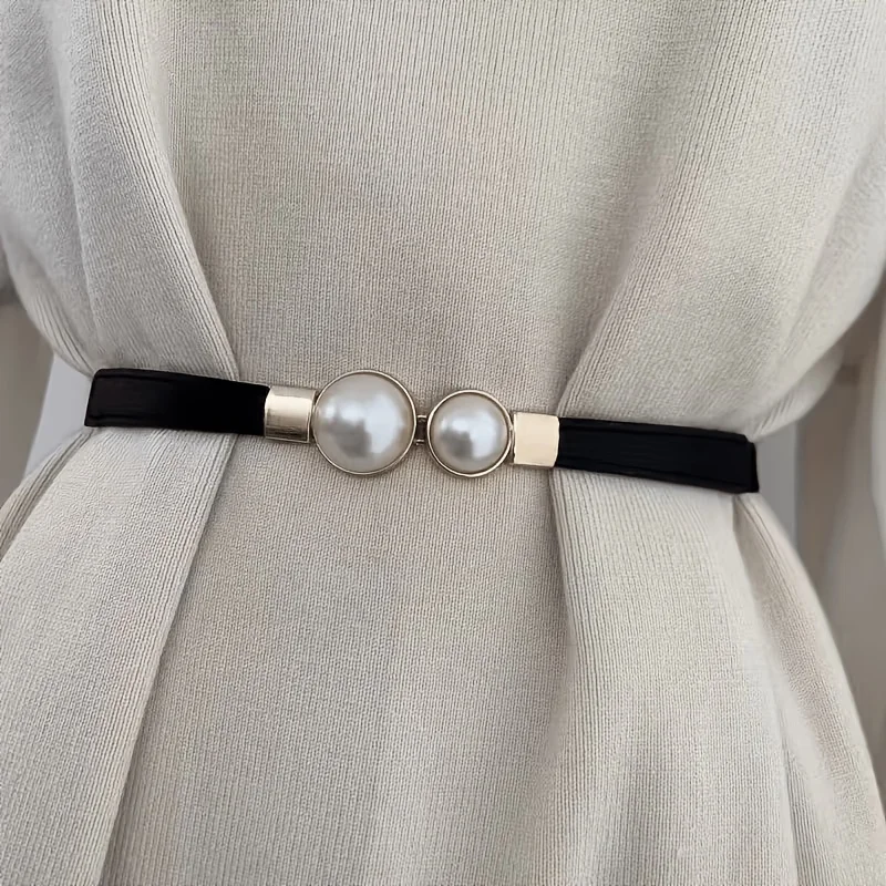 Elegant pearl decoration thin belt black elastic elastic waistband versatile windbreaker dress waist cinching accessory