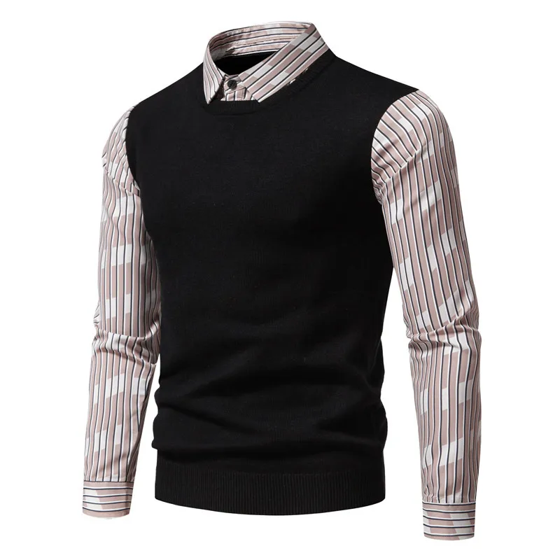 2023 Men's Knitwear Autumn and Winter New Fashion Shirt Collar Sweater Fake Two Piece Splice Men's Sweater