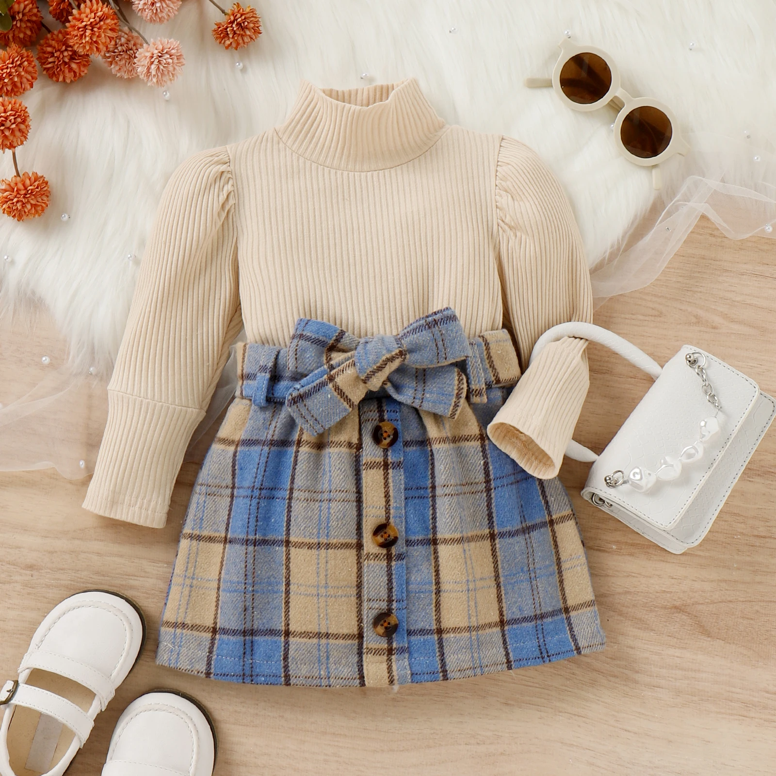 

Toddler Baby Girl Corduroy Skirt Outfit Solid Knit Pullover Sweater Long Sleeve Ruffle Shirt Plaid Print Skirt Fall Winter Set