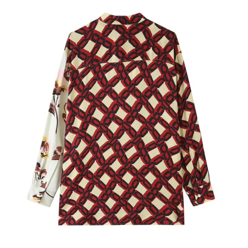 Women Splicing Printed Shirt Autumn Stand Neck Long Sleeve Buttons Asymmetry Hem Blouses Fashion Casual Female Vintage Chic Top image 2