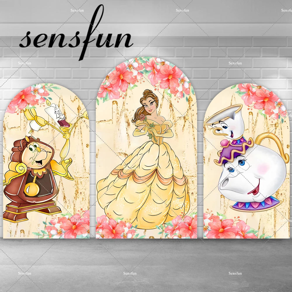 Beauty and The Beast Theme Arch Backdrop Cover Pink Floral Yellow Princess Belle for Girls Baby Shower Birthday Party Background