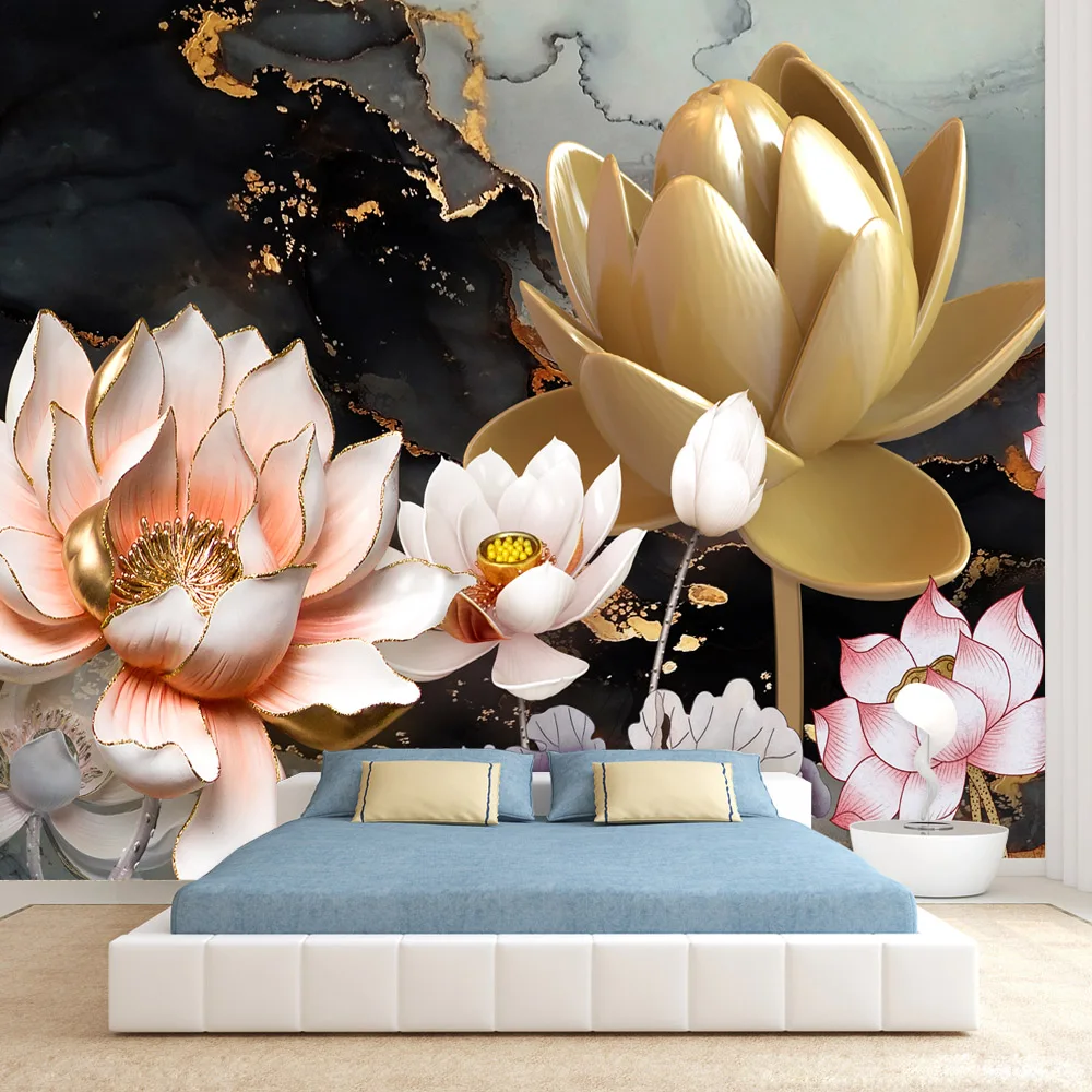 

Custom Peel and Stick Accepted Wallpaper for Living Room TV Wall Covering Papers Home Decor Water Lily Lotus Marble Mural Prints