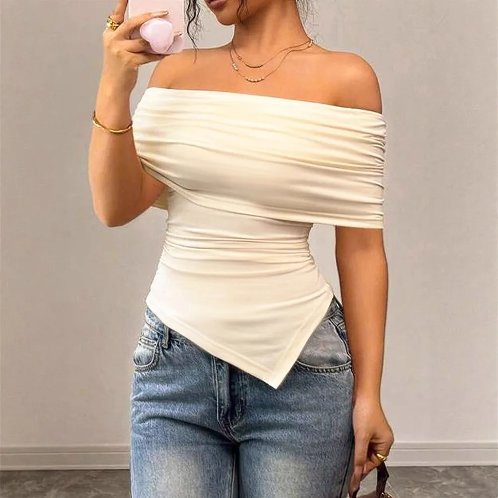 Quality Model 2026 Summer Sweet And Spicy Style Private Wear Socialite Strapless One-Shoulder Irregular Women's T-Shirt
