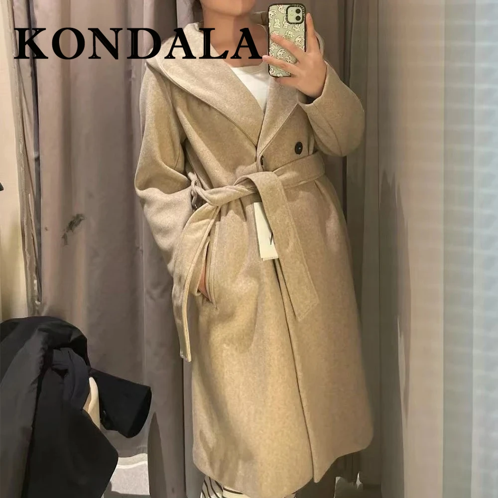 KONDALA Chic Elegant Beige Casual Woman Fashion 2025 Coats Double Breasted Sashes Outwear Vintage Pockets Loose Female Trench