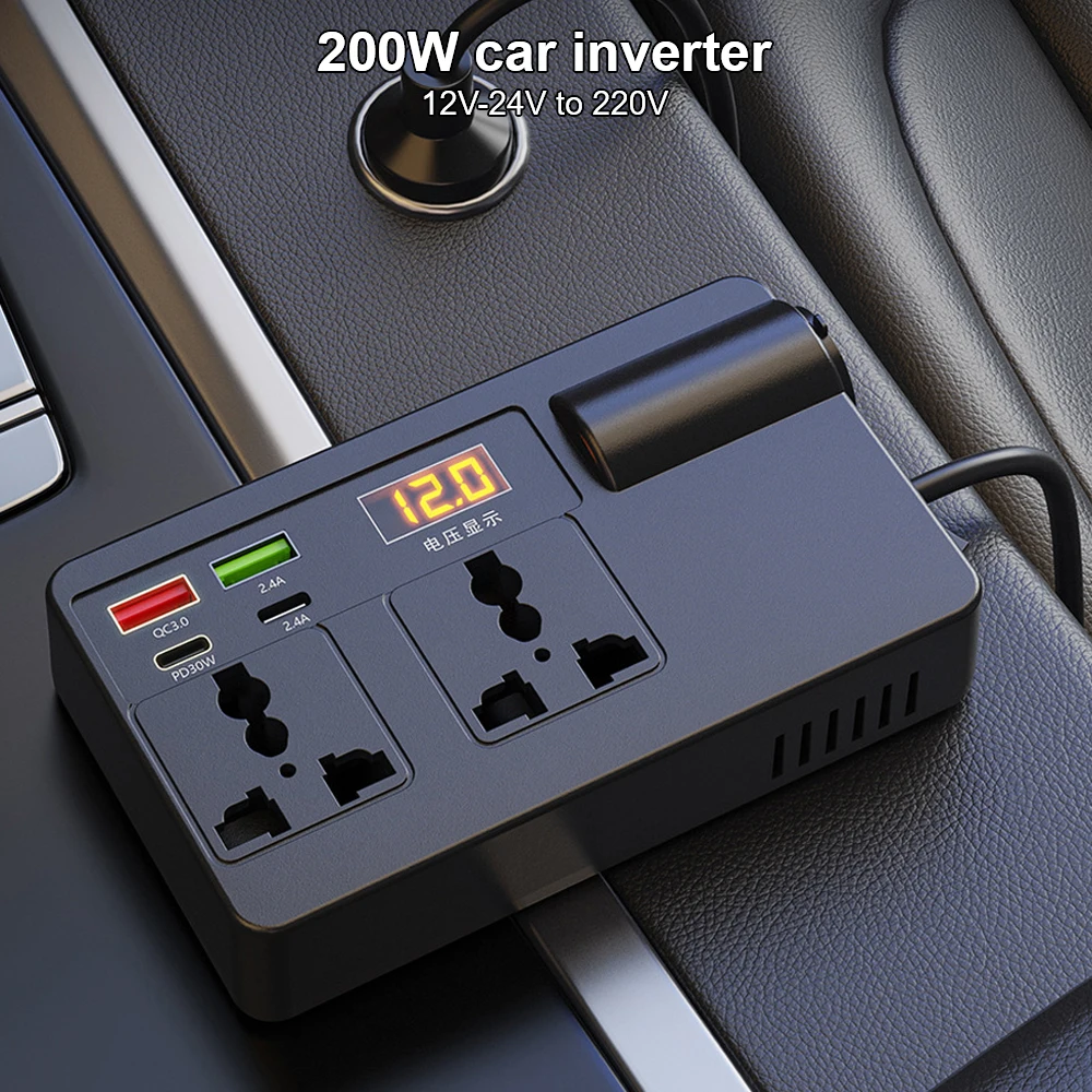 Auto-Wechselrichter DC 12 V/24 V zu AC 220 V Konverter 200 W USB/PD/Typ-C Ladegeräte Universal EIN/AUS-Schalter Spannungserkennungsadapter