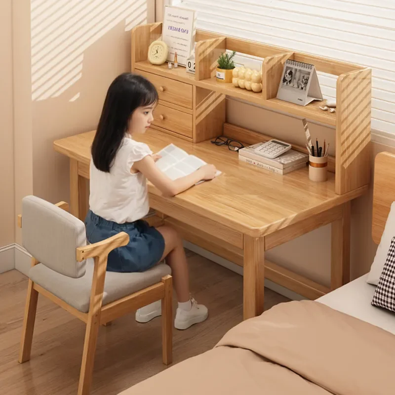 Solid Wood Desk Writing Table for Middle School Students Study Table Household Small Apartment Desk Bookshelf Integrated
