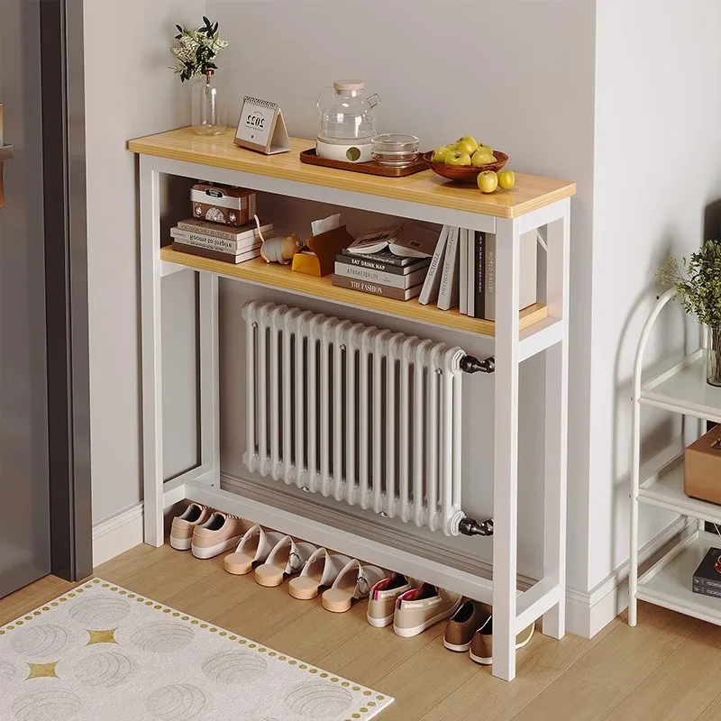 Multi-layer shelves at the entrance, small narrow table on the wall, storage rack above the gas sheet