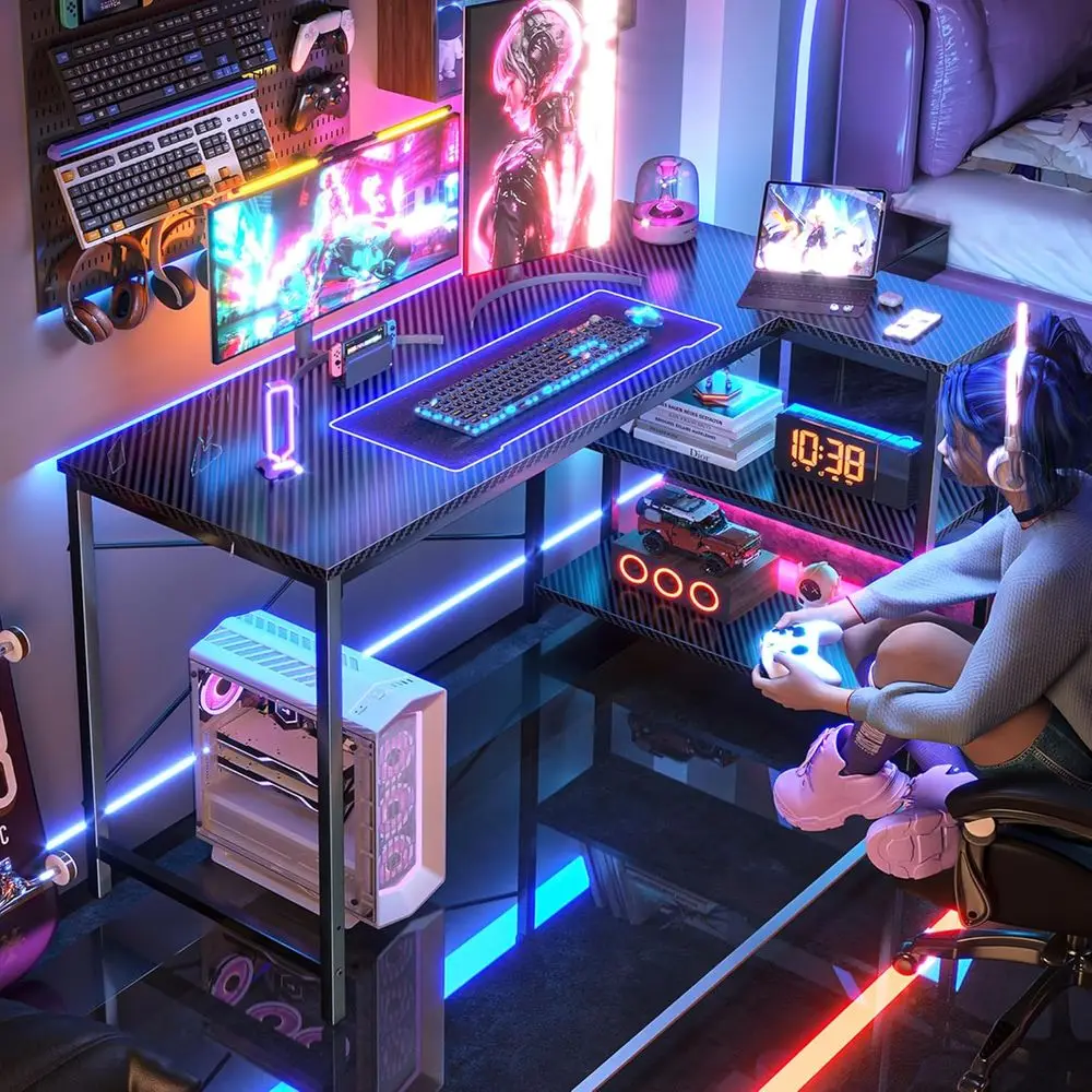 47 Carbon Fiber L-Shaped Desk with Reversible Shelves for Gaming and Home Office