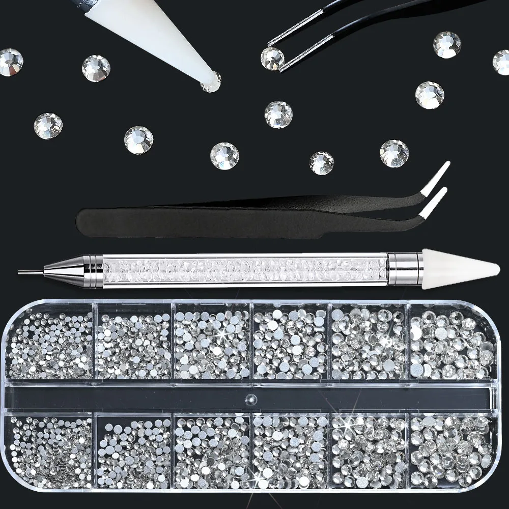 12Grids 3D Colorful Mixed Shape Flatback Nail Rhinestones Luxury Pink/Lake Blue/Green/Clear/AB Nail Crystal DIY Manicure Diamond