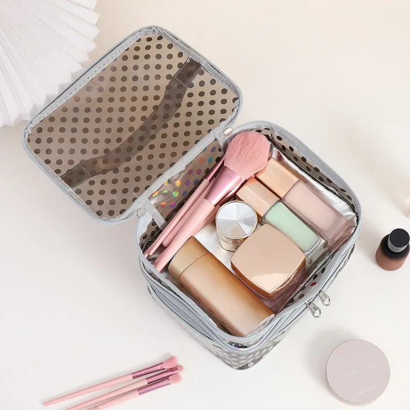 Polka dot transparent PVC double layer makeup bag Multi-functional portable waterproof makeup case large capacity travel storage