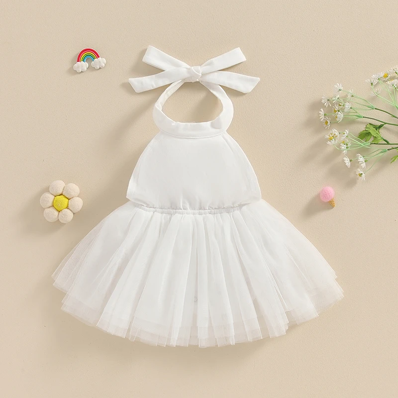 

Newborn Baby Girl Halter Neck Tulle Romper Dress Backless Layered Mesh Tutu Bodysuit Baptism Cake Smash Outfit