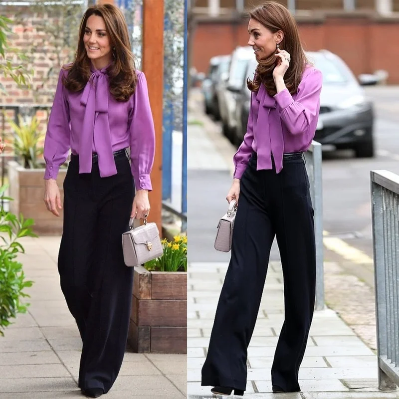 

Kate Middleton Spring 2025 Slim Fit Knot Long Sleeve Elegant Lady Purple Shirt British Style Women's Fashion Shirt